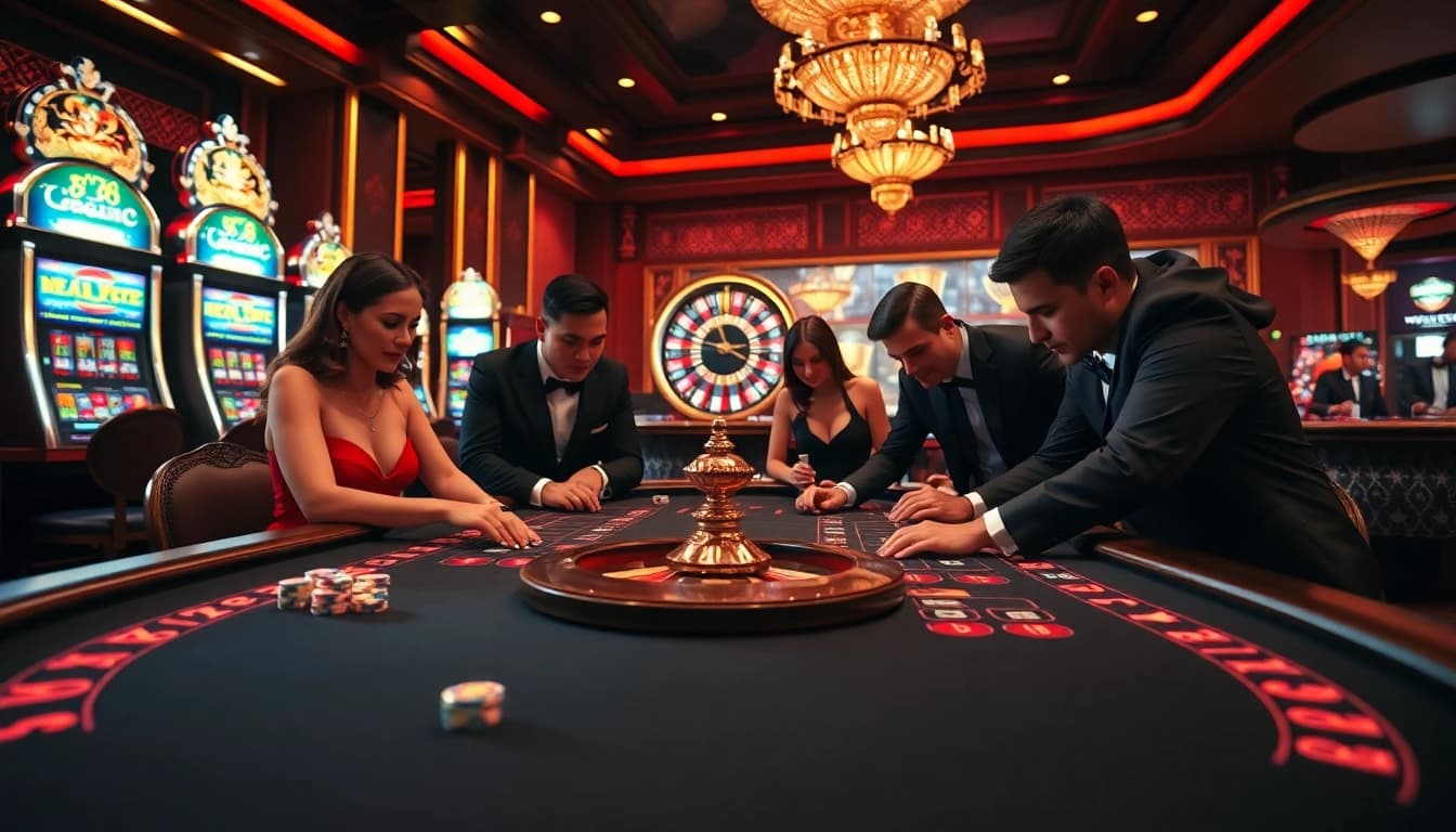 Players enjoying a thrilling game of Baccarat at the luxurious GO8 casino, with vibrant atmosphere and glamorous decor.