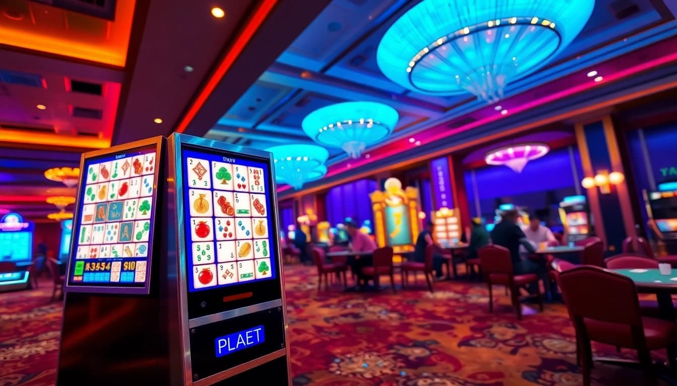Experience the thrill of a mahjong slot demo in a bustling casino setting with vibrant gameplay.
