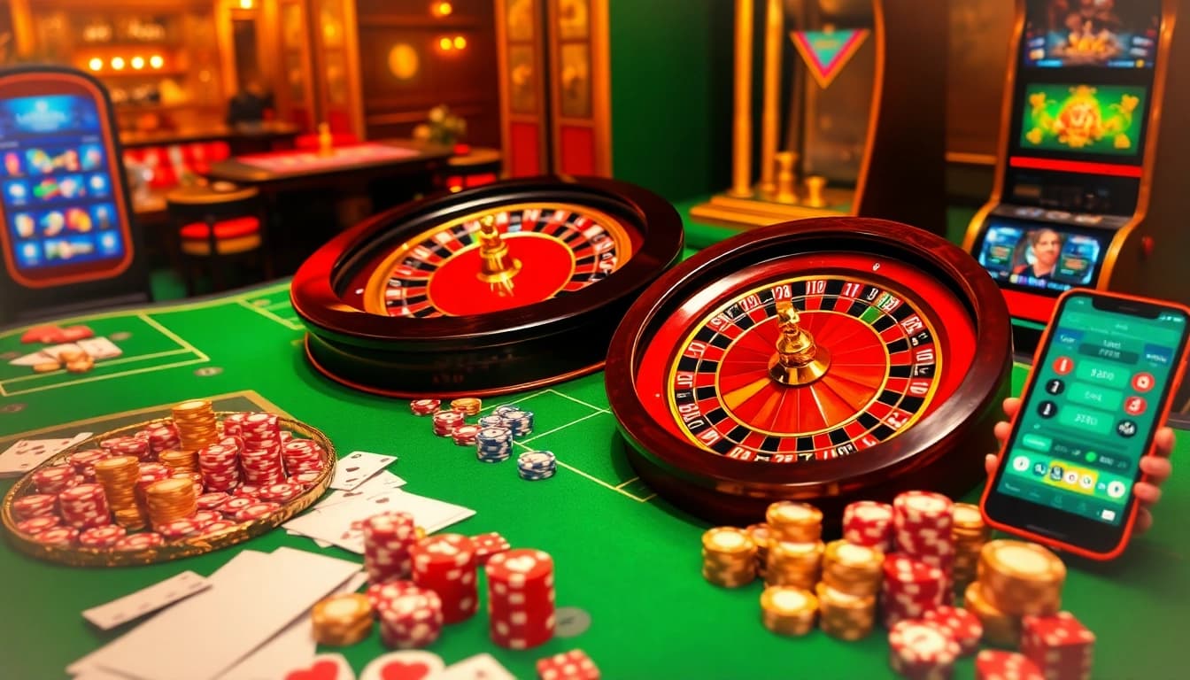 Une scène excitante de casino en ligne argent réel avec des tables vibrantes, des jetons et des interfaces numériques.