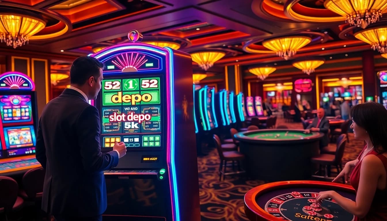 Pemain berinteraksi dengan mesin Slot Depo 5K yang berwarna-warni di kasino mewah.