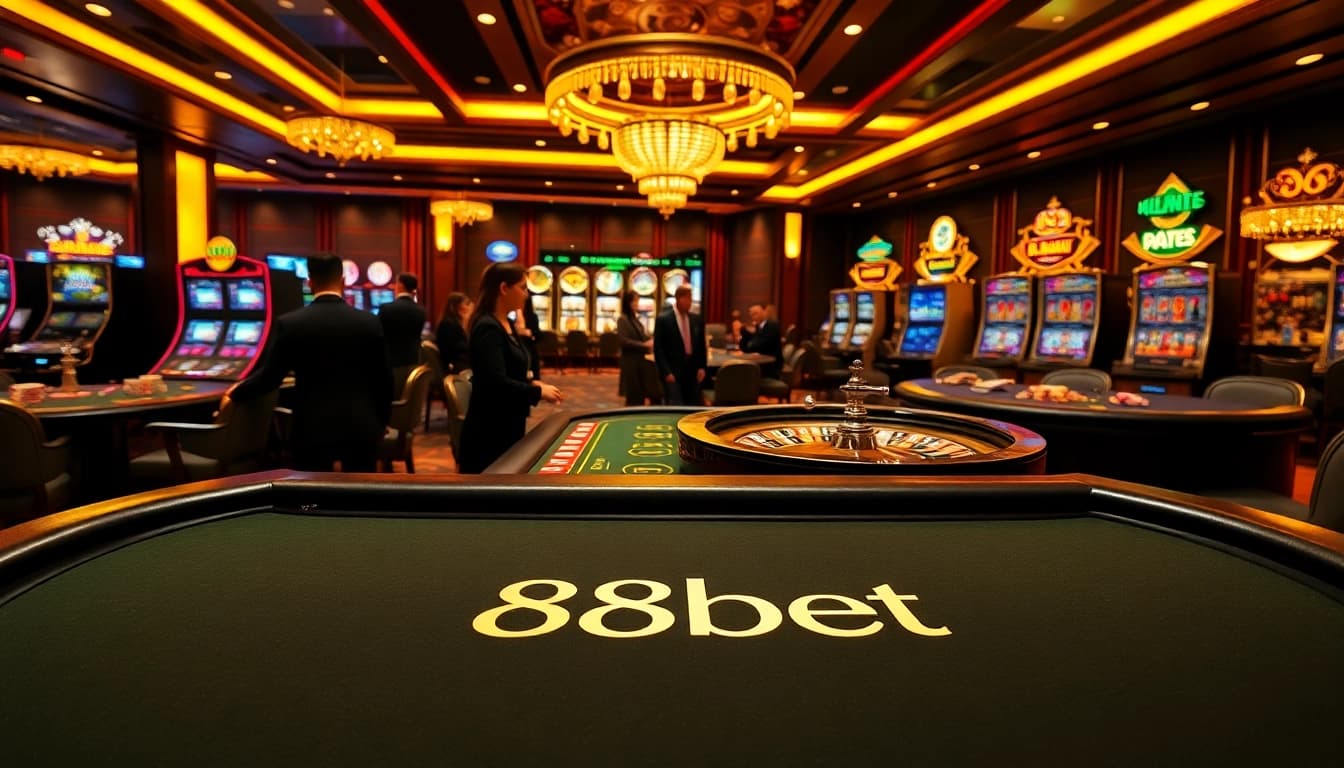 S88BET players engaging in a thrilling poker game with luxurious casino elements.