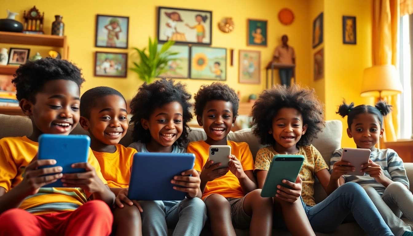 A lively scene of children enjoying African American Cartoons, highlighting cultural representation.