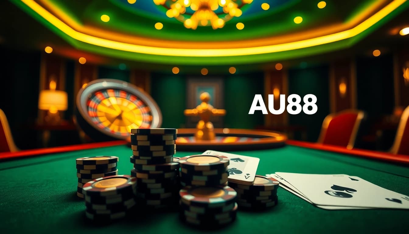 High-stakes gamblers enjoying a game at an AU88 casino table with luxurious poker chips.