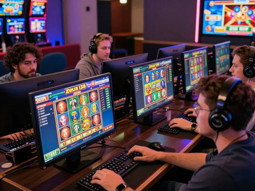 Players engaging with Zeus138 online slots in a vibrant gaming atmosphere.