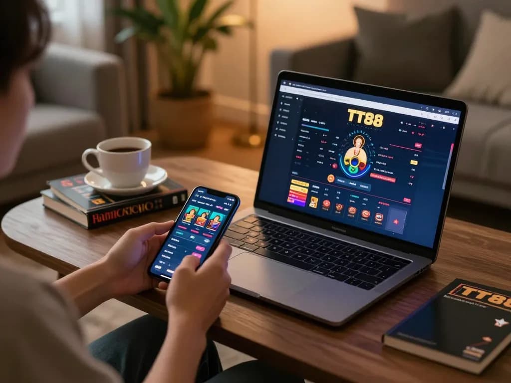 Engaging in online gaming with TT88 platform on a laptop and smartphone in a cozy setup