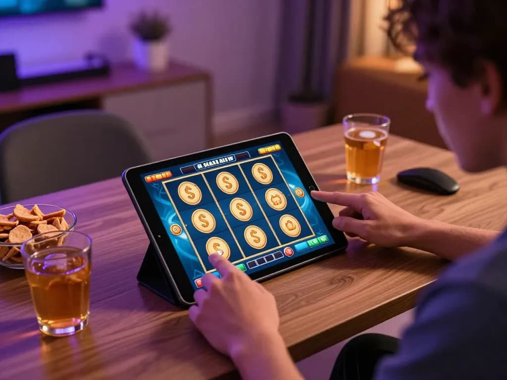 Engaged player spinning the reels on a mahjong slot during an online gaming session at home