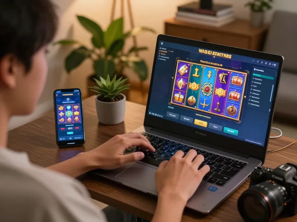 Player enjoying slot server thailand games on laptop in cozy home setting with engaging visuals
