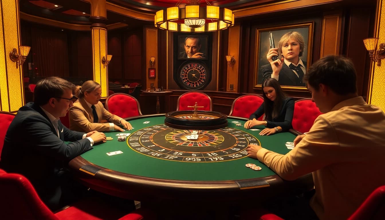 Play poker at a luxurious casino featuring elements of rebahin film, showcasing vibrant poker chips and a roulette wheel.