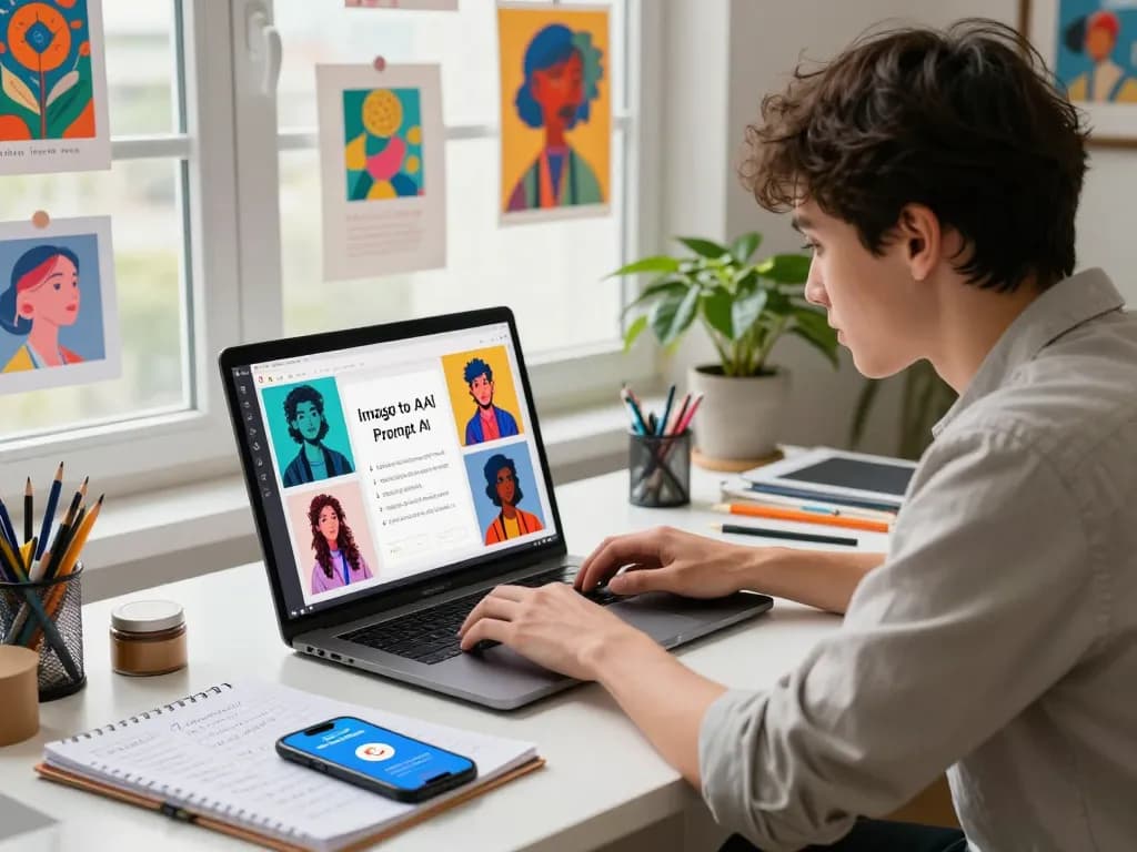 Young professional engaging with the image to prompt ai tool in a vibrant creative workspace.
