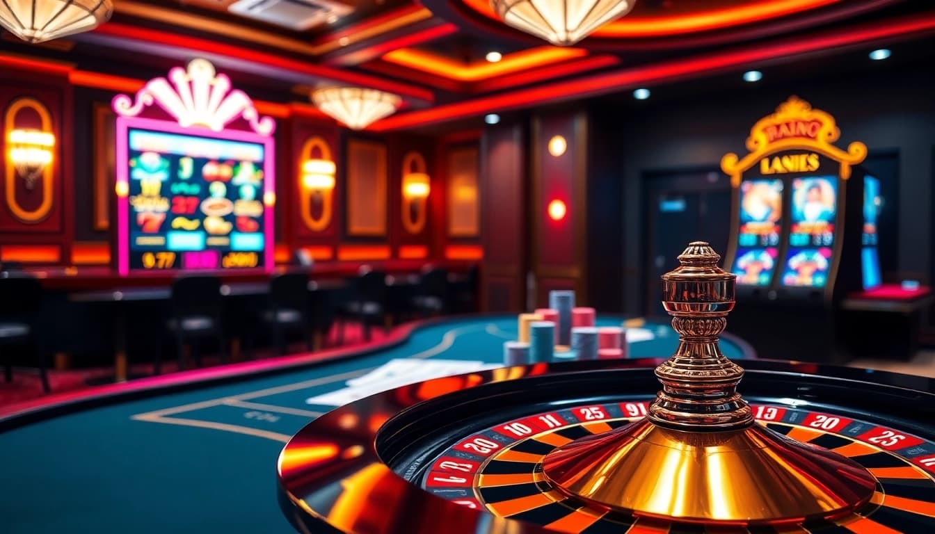 Scène captivante d'une aire de jeux luxueuse sur un site de casino en ligne, mettant en avant le poker et la roulette.