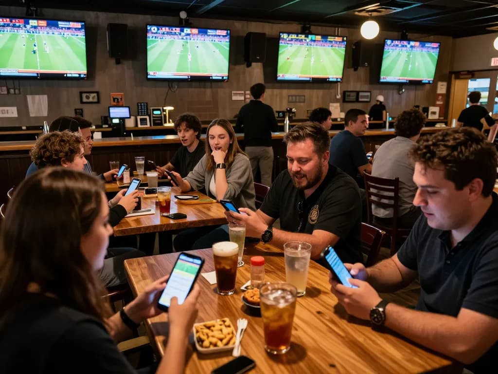 Watch players engage with the 58win sports betting app at an exciting sports bar