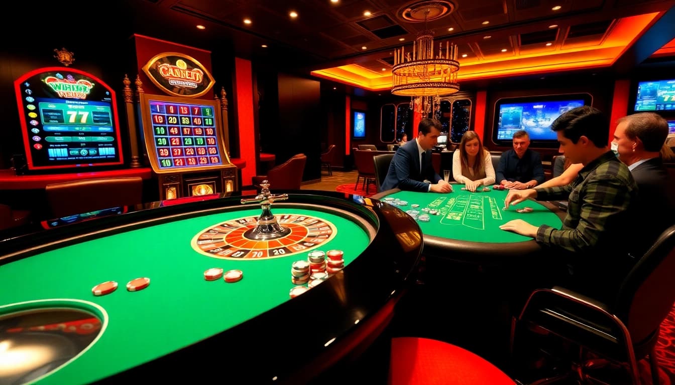 Players enjoying thrilling games at https://xx88.nl/ with exciting poker chips and slot machines.