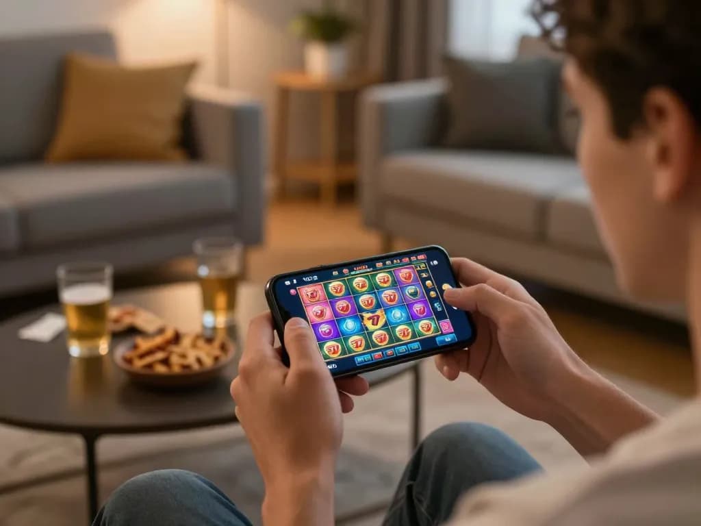 Engaged player using slot77 app on smartphone, showcasing vibrant slot game gameplay.