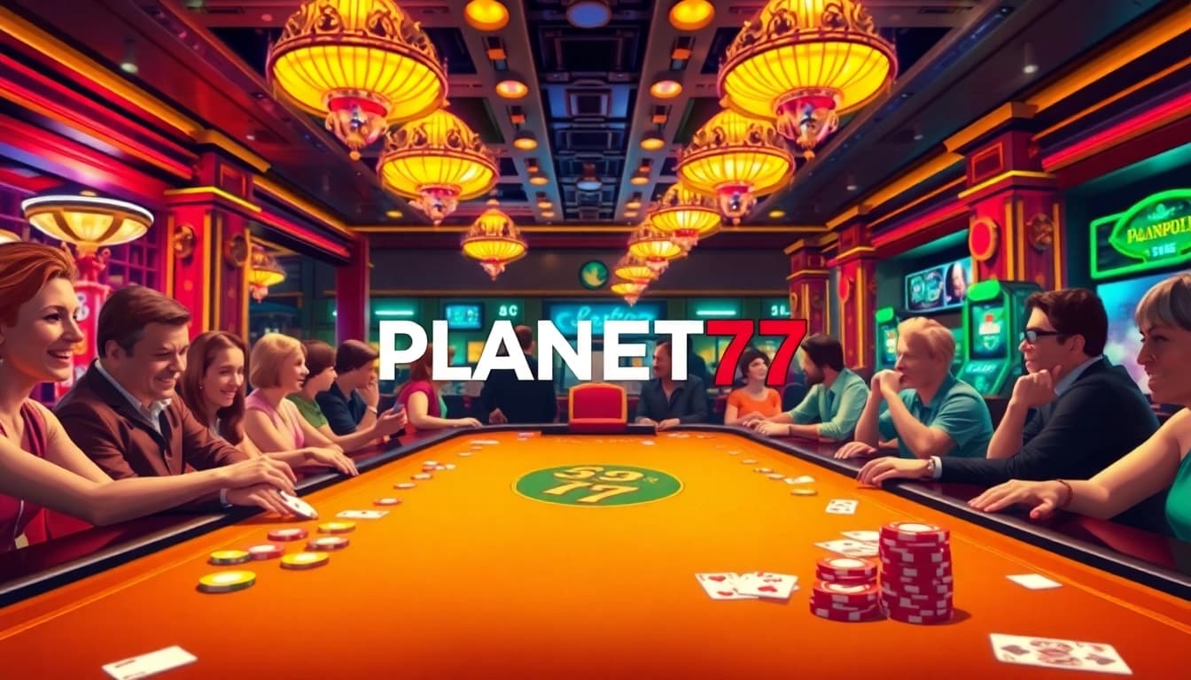 Permainan seru di meja kasino PLANET77 dengan lampu neon yang menyala.