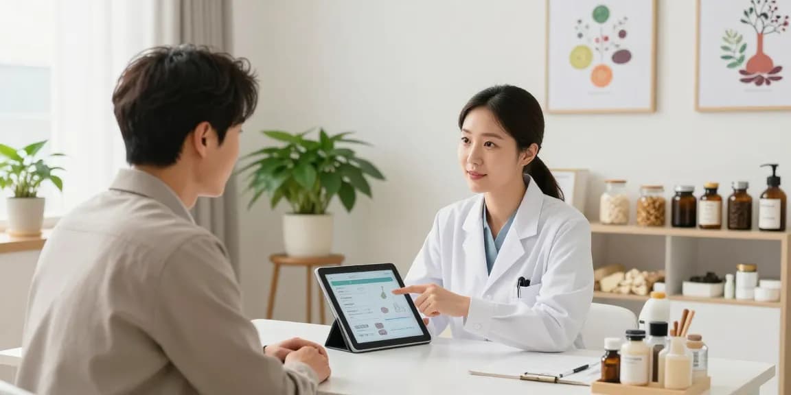 Patient-centered consultation at 수원교통사고한의원 with a female doctor explaining treatment options.