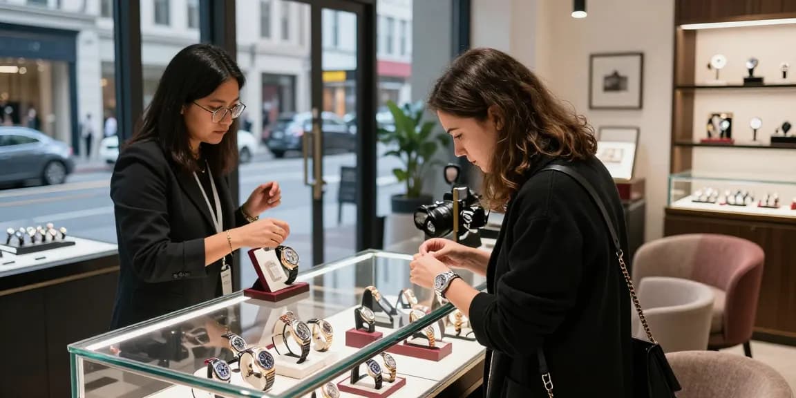 Customer examining 시계 레플리카 in stylish urban boutique during shopping experience.
