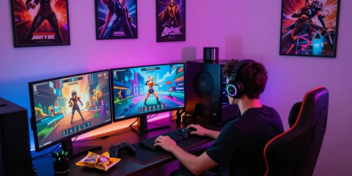 Playing an html hentai game in an immersive gaming room with vibrant RGB lighting.