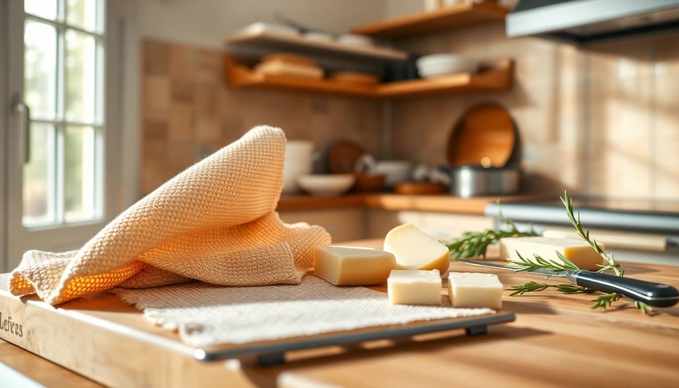 Kaasdoek elegantly draped in a kitchen, showcasing its fine texture and warm atmosphere.