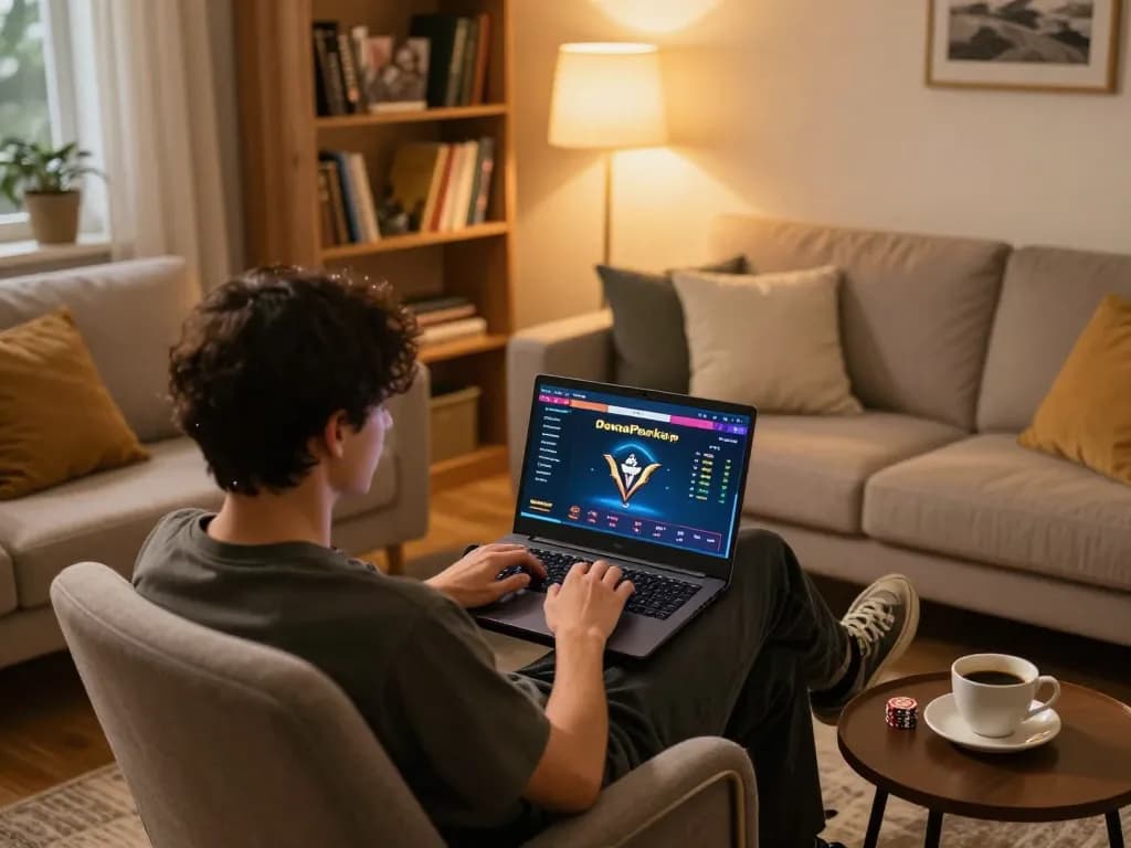 Player analyzing Rtp Dewapoker data on laptop in a cozy home setup.