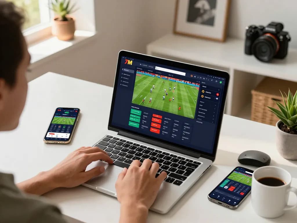 Using the 7m betting interface on a laptop while enjoying a cozy home atmosphere