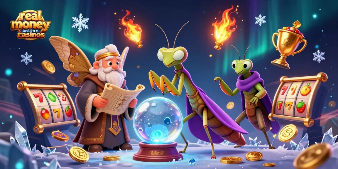 Engage with real money online casinos through a vibrant scene of fortune tellers and gaming elements.