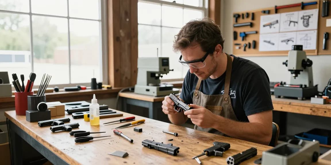 Expert gunsmith assembling aftermarket parts from https://precisionglockslides.com in a well-lit workshop, showcasing precision tools and Glock customization.