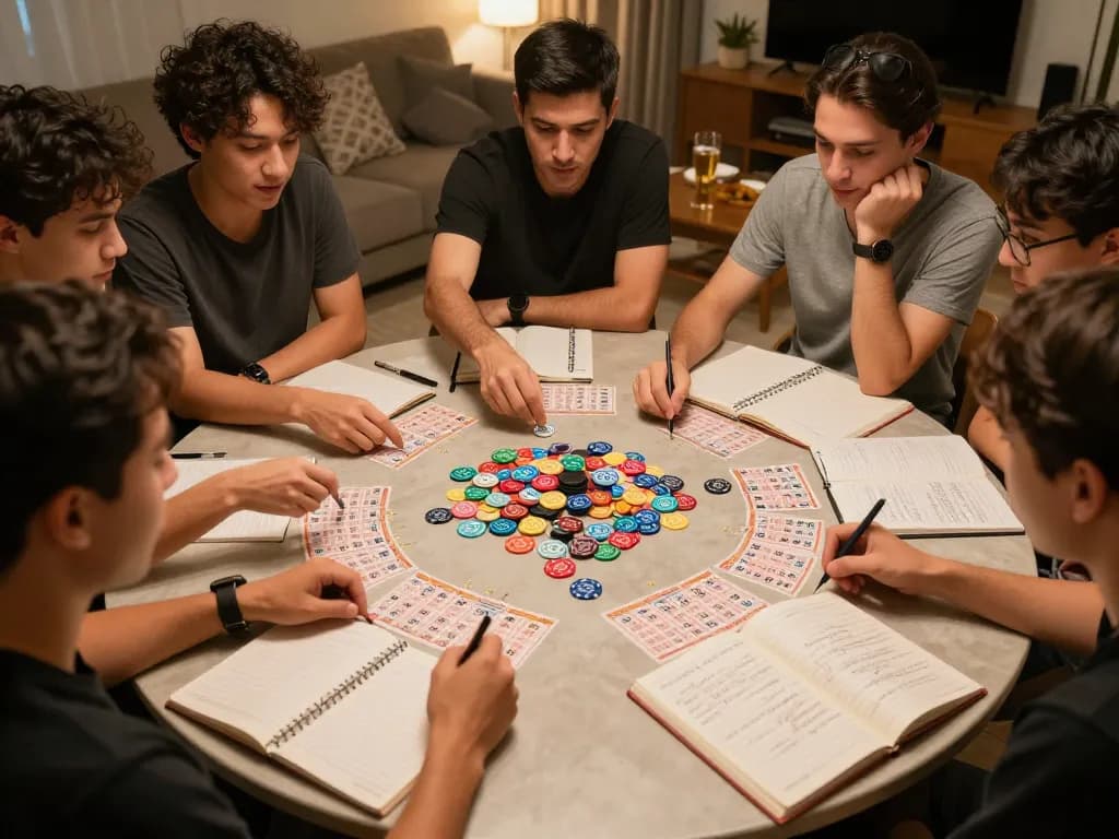 Sahabat yang merencanakan strategi dan memasang taruhan dalam permainan toto togel di rumah, menunjukkan kegembiraan dan kebersamaan dalam bermain.