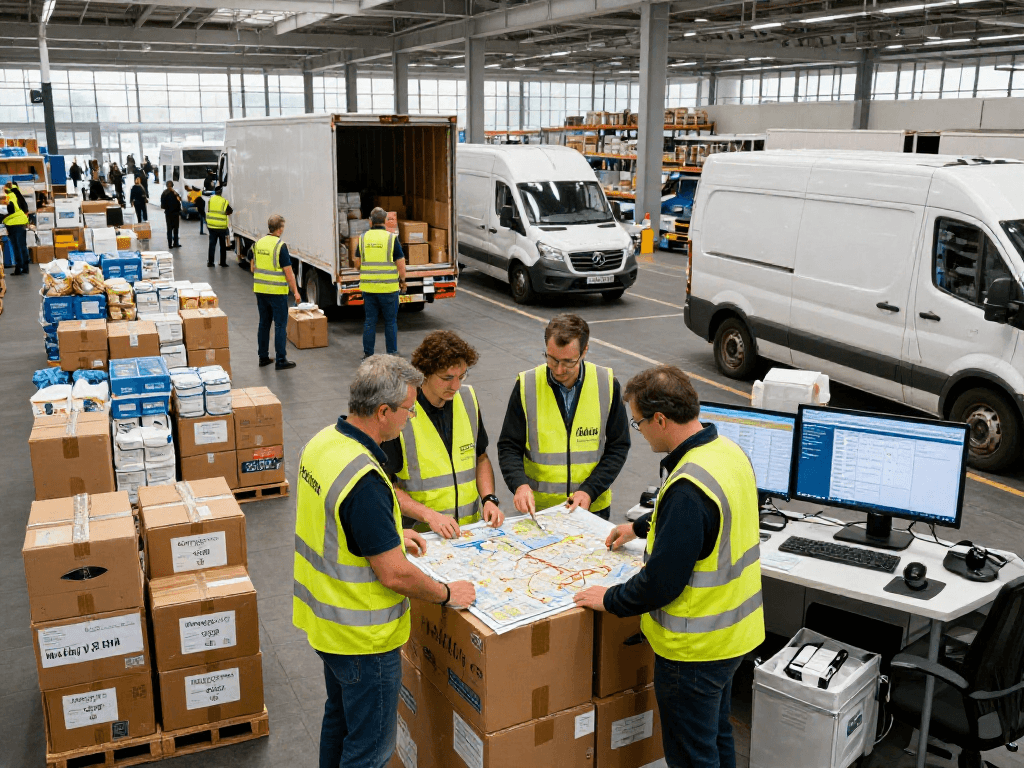 Hilfsgütertransport in Dortmund mit Logistikprofis, die humanitäre Hilfsgüter koordinieren.