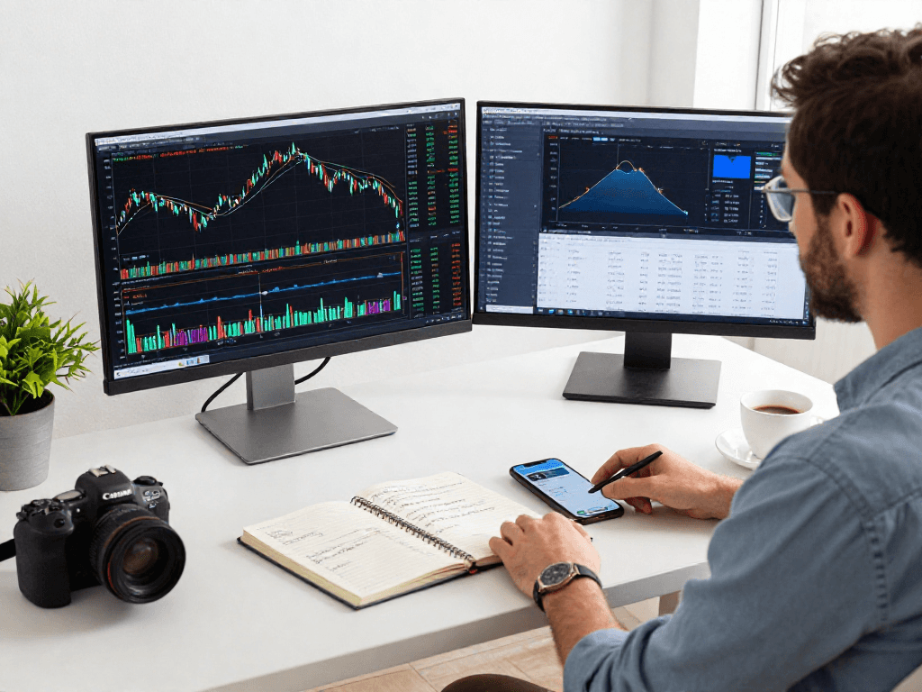 Focused trader analyzing TradingView charts in a modern workspace with multiple screens and trading tools.