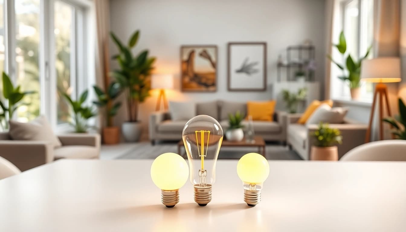 Showcasing various a19 bulbs in a modern living room with stylish decor and warm lighting.