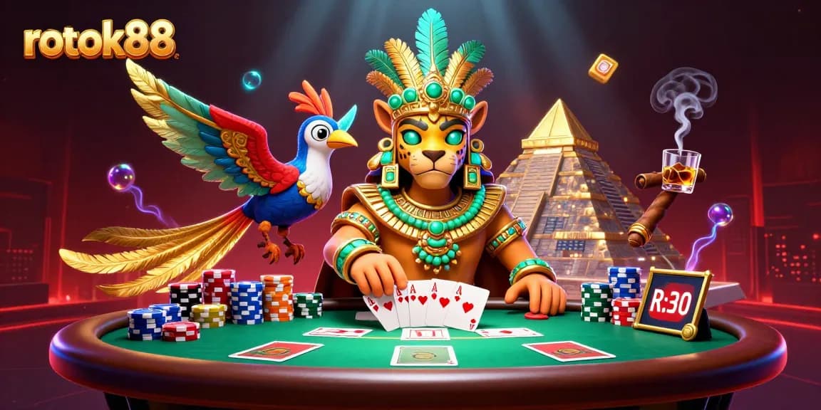 Experience thrilling gaming action with rokok88's vibrant poker scene featuring Mayan characters.