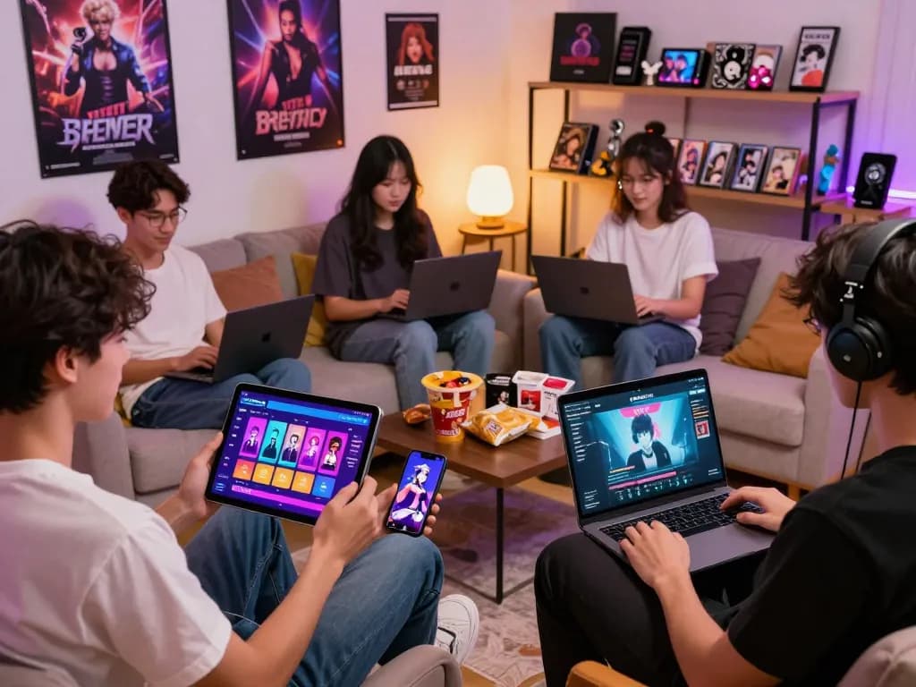 Engaged players enjoying immersive porn games online across devices in a cozy gaming scene.