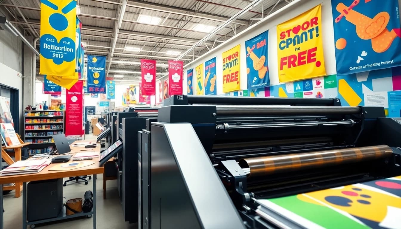Showcasing edmonton printing services with vibrant banners and signage in a modern workspace.
