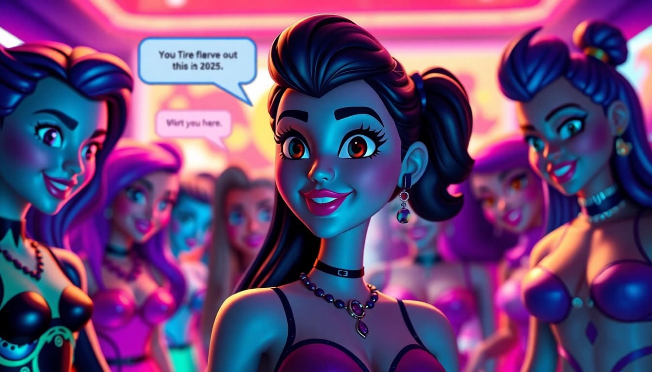 Engaging scene of NSFW character AI chat avatars in colorful, animated virtual environment.