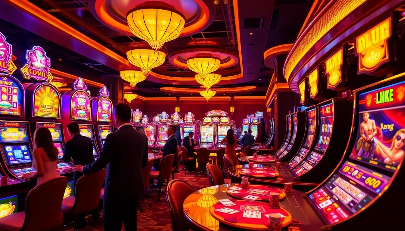 Experience the thrill of pg slot gaming with vibrant machines and excited players in a luxurious casino.