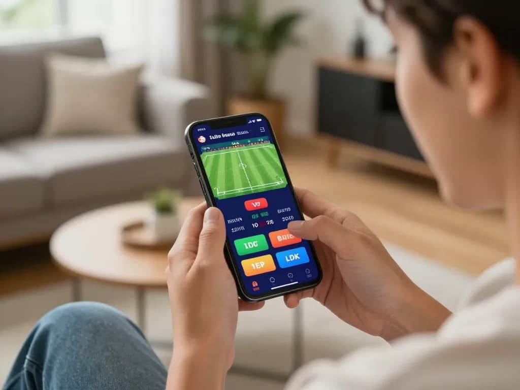 Betting on football matches with 7m app on smartphone in a cozy home setting