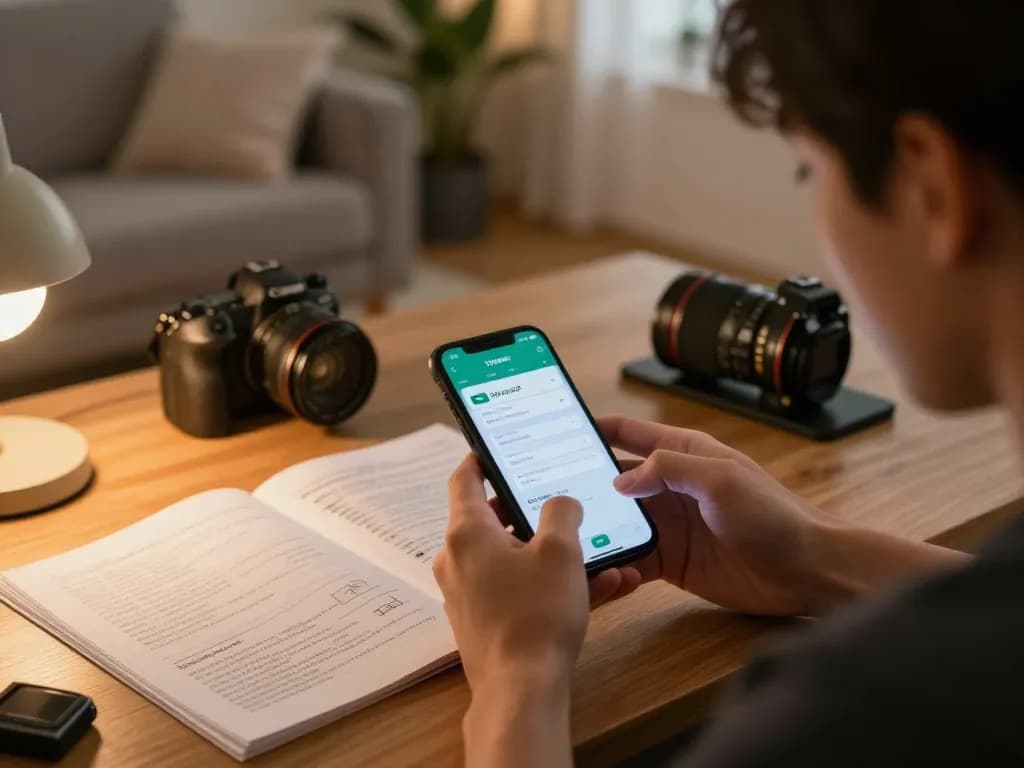 Player using YowesJP app on smartphone, surrounded by gaming notes in cozy home setting