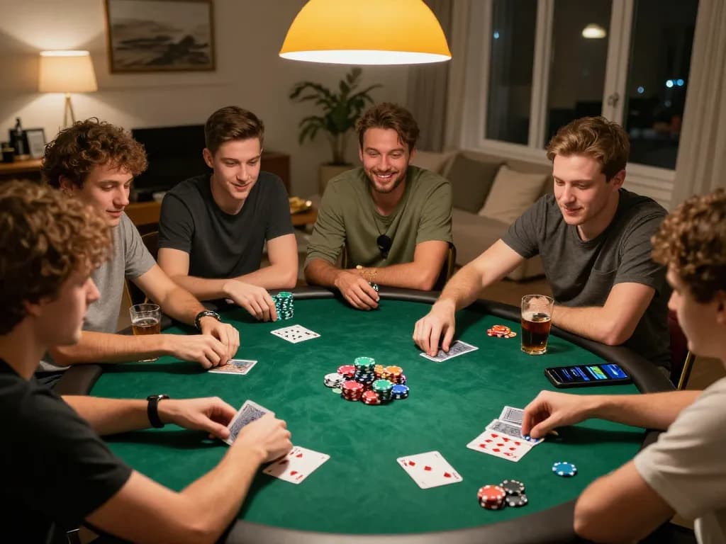 Friends playing poker with apps showing Canada online casinos reddit for strategy.