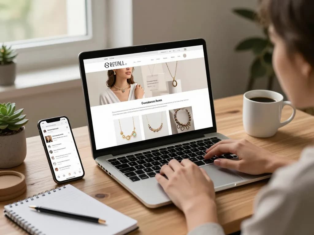User browsing for jewelry inquiries on a laptop in a stylish workspace, showcasing unique pieces and product details.