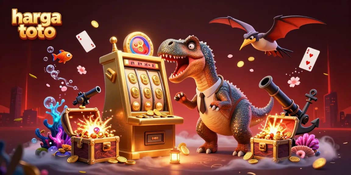 Experience the excitement of harga toto as whimsical dinosaurs interact with a winning slot machine