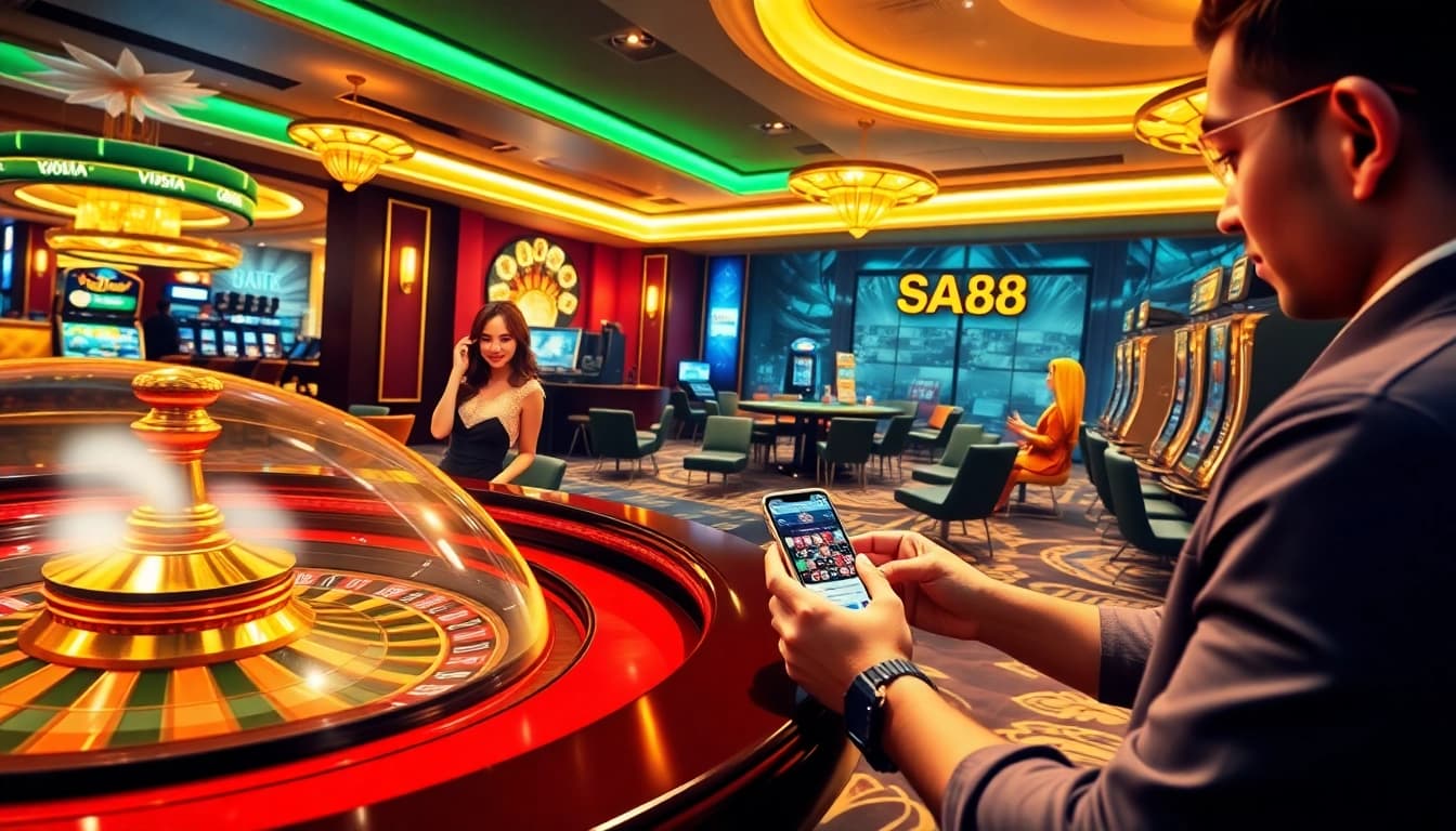 Experience thrilling online gambling with SA88 at a luxurious casino interface featuring baccarat and slots.