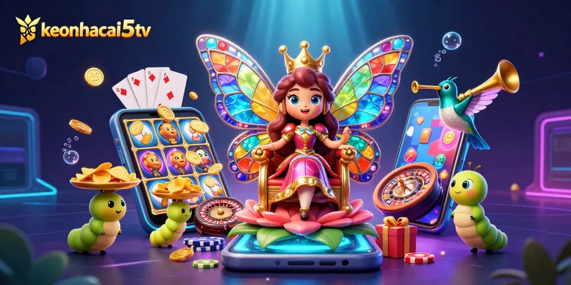 Experience vibrant gameplay with keonhacai5tv, showcasing a colorful scene of animated casino elements.