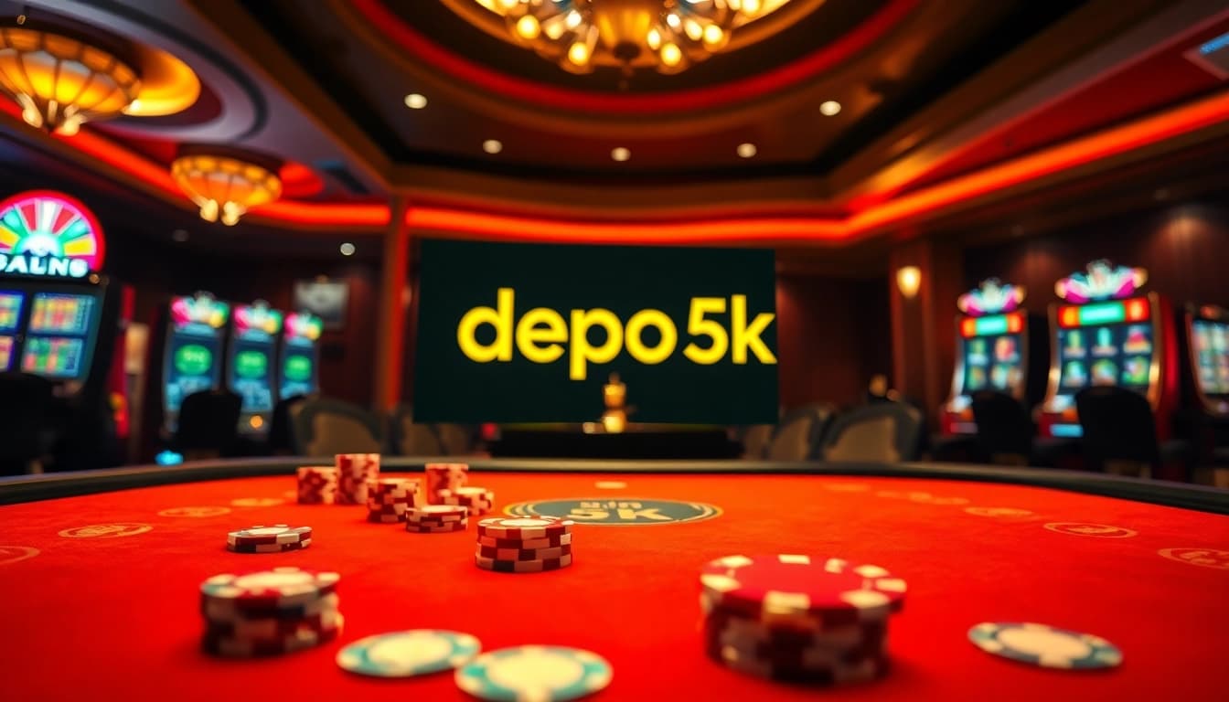 Experience the thrill of gambling with depo 5k at a vibrant casino table showcasing poker chips and slot machines.