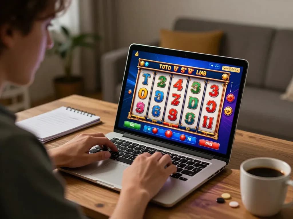 Engaging player enjoying toto slot gameplay on laptop at home, showcasing excitement and strategic focus.