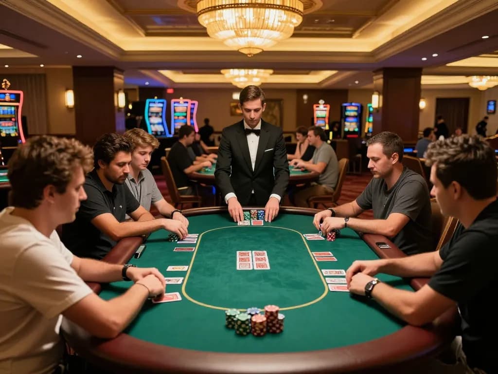 Các người chơi tham gia vào một ván poker cược cao thể hiện liên kết m88 đang hoạt động trong không gian sang trọng của một casino
