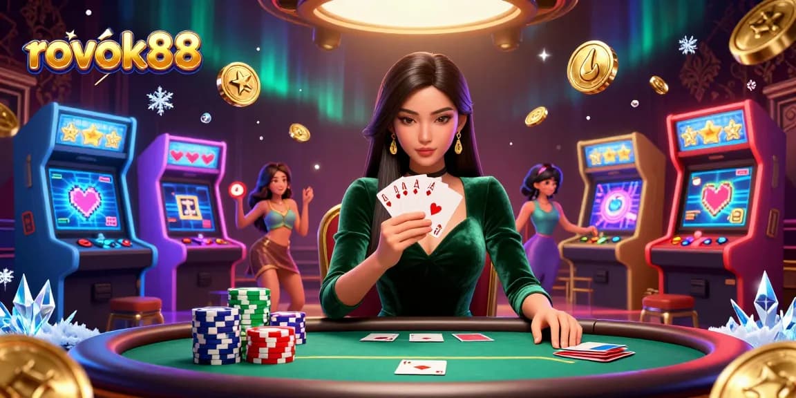Experience the thrill of rokok88 with a poised poker player at a vibrant casino table.