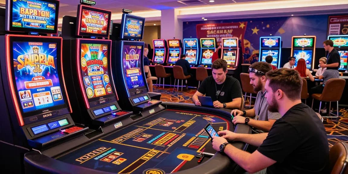 Exciting credit card casino scene with players engaging in vibrant gaming activities, showcasing modern slot machines and live dealer tables.