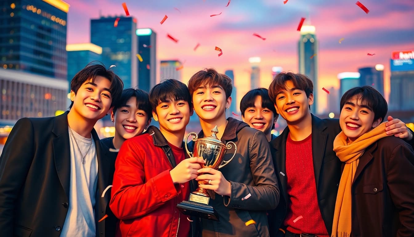 BTS news celebration with members in a festive urban backdrop, capturing joy and success.