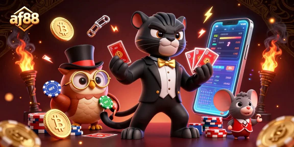 Experience the excitement at af88 with a stylish panther dealing cards among dynamic casino elements.