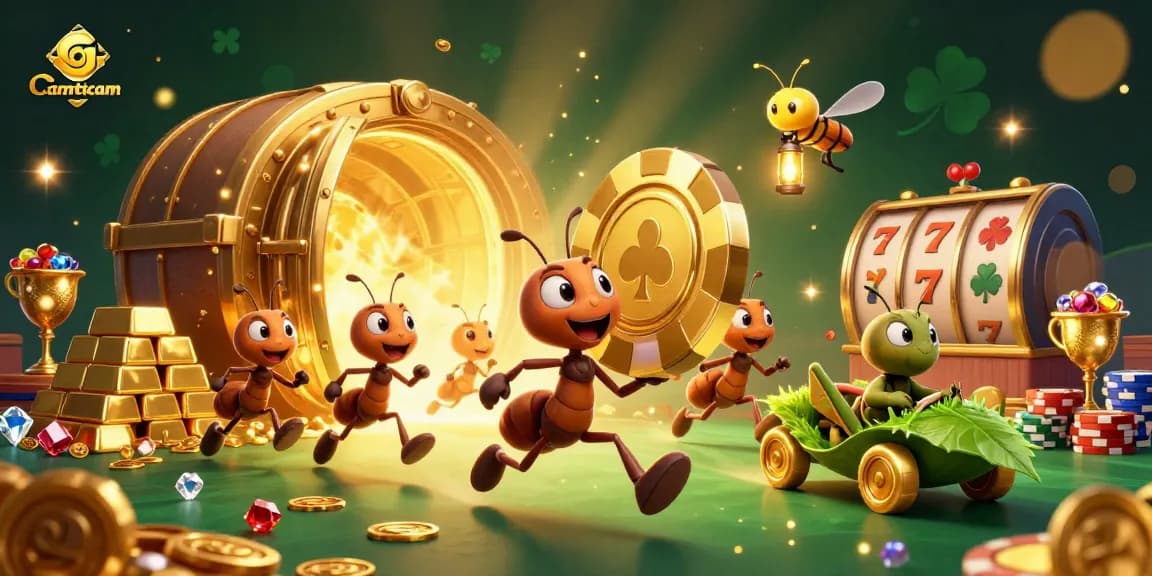 Camtocam illustration with a team of ants carrying a giant poker chip through a casino heist scene, full of treasures.
